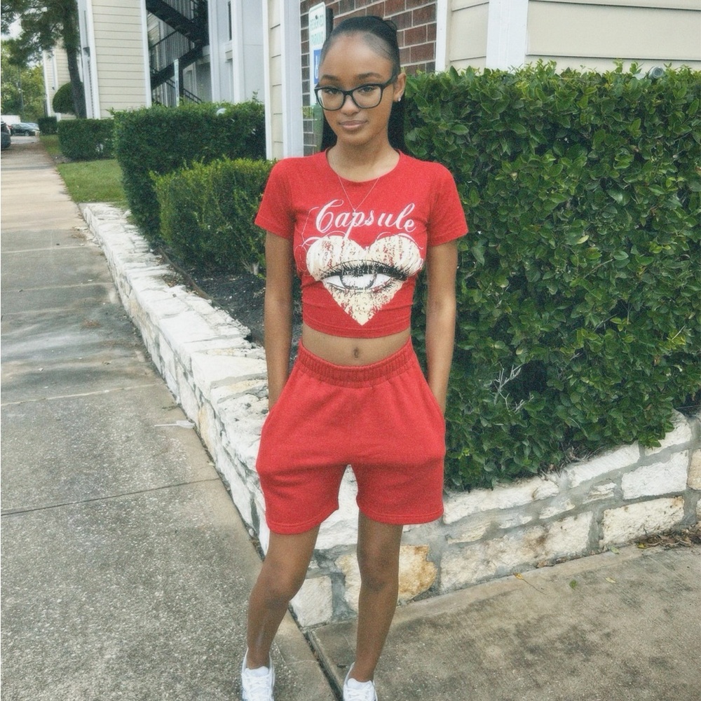 Red Capsule Graphic Crop Top and Shorts Set